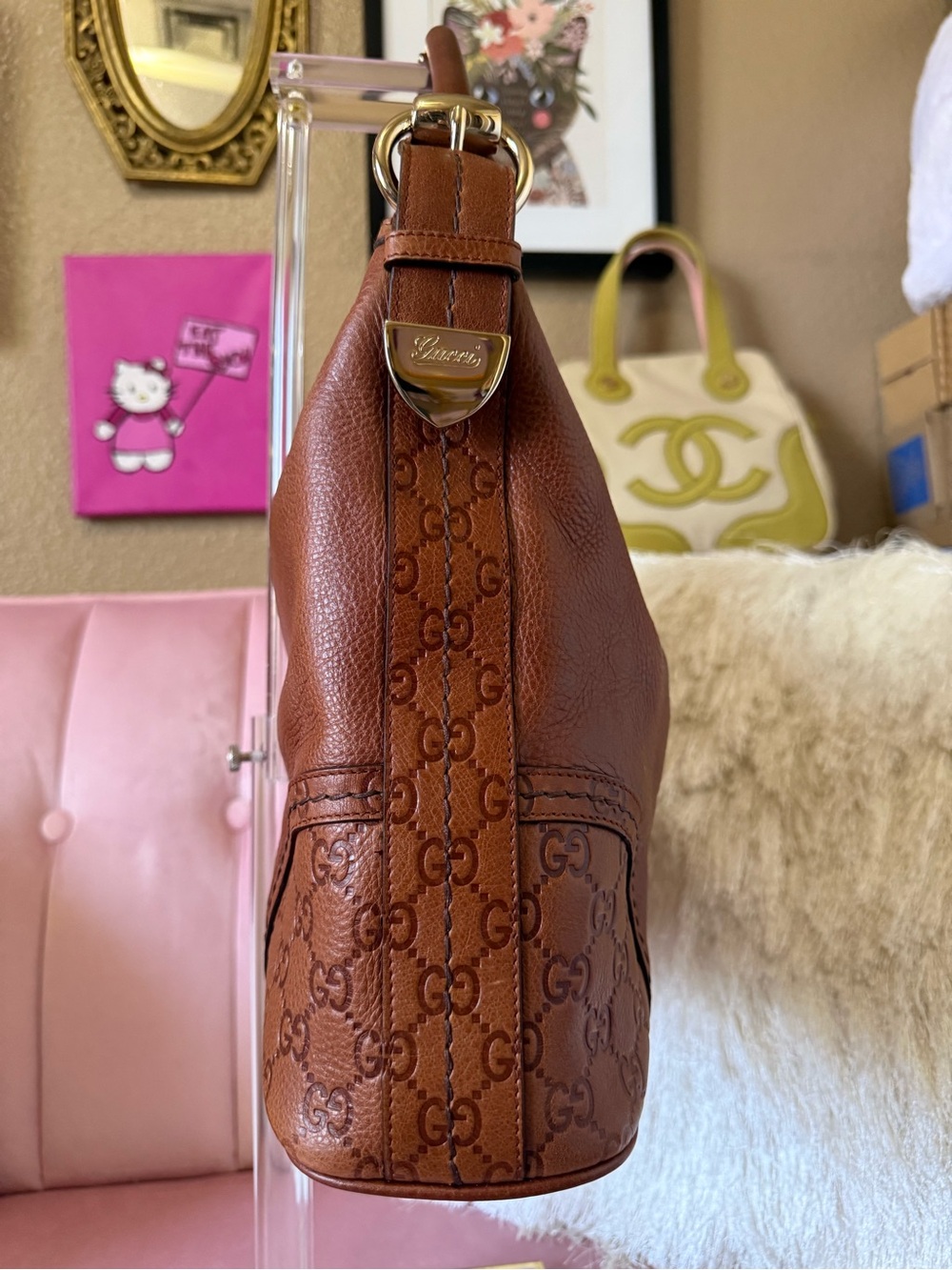 💯Auth! GUCCI Guccisimo Signoria Brown Leather Hobo Shoulder Bag w Gold Hardware - Picture 4 of 16